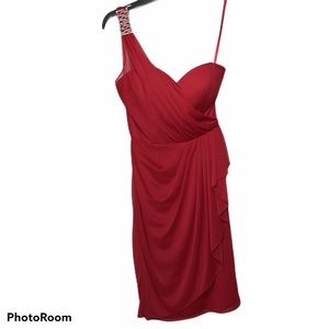 Cache Red One Shoulder Draped Ruched Party Dress